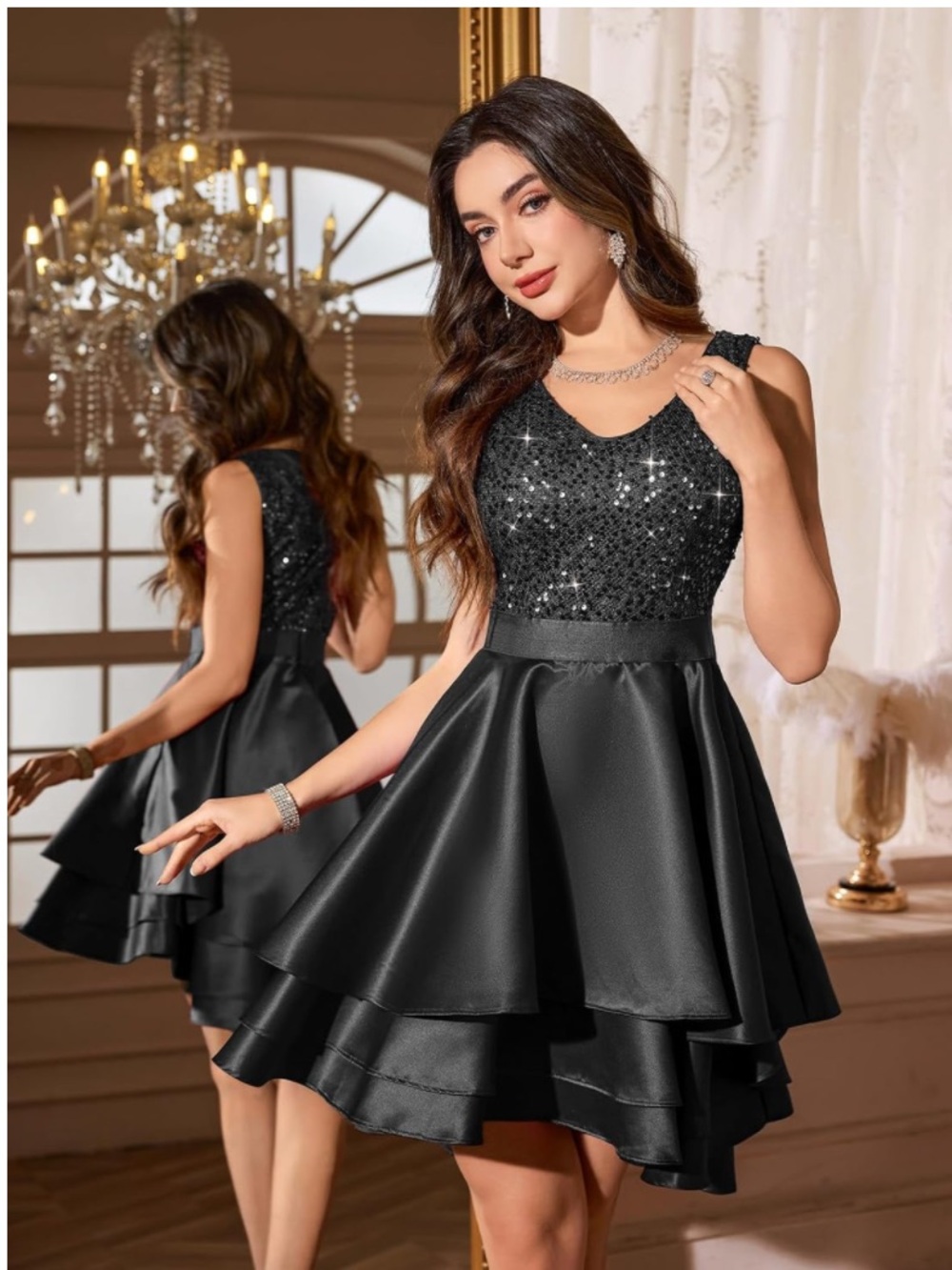 Black Sequin High-Low Cocktail Dress